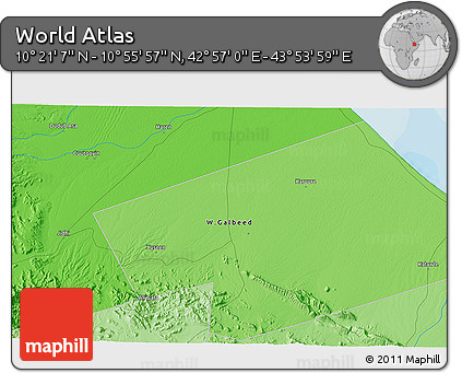 Political 3D Map of the Area around 10° 38' 32" N, 43° 25' 29" E