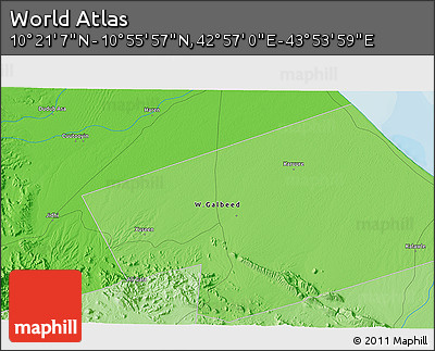 Political 3D Map of the Area around 10° 38' 32" N, 43° 25' 29" E