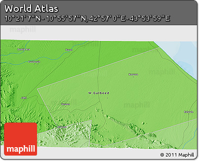 Political 3D Map of the Area around 10° 38' 32" N, 43° 25' 29" E