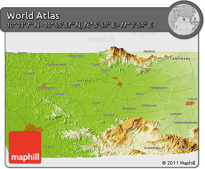 Physical 3D Map of the Area around 10° 38' 32" N, 76° 34' 29" E