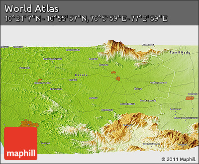 Physical 3D Map of the Area around 10° 38' 32" N, 76° 34' 29" E