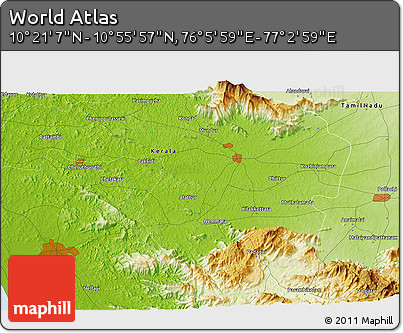 Physical 3D Map of the Area around 10° 38' 32" N, 76° 34' 29" E