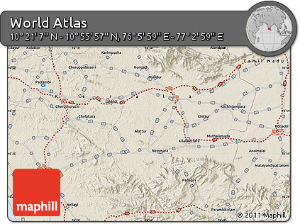 Shaded Relief Map of the Area around 10° 38' 32" N, 76° 34' 29" E