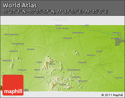 Physical 3D Map of the Area around 10° 38' 32" N, 78° 16' 30" E