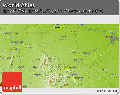 Physical 3D Map of the Area around 10° 38' 32" N, 78° 16' 30" E