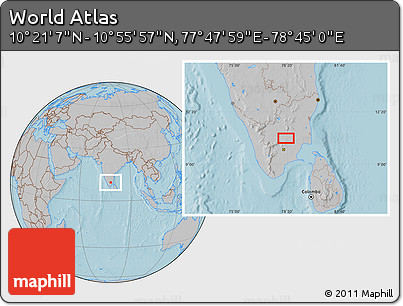 Gray Location Map of the Area around 10° 38' 32" N, 78° 16' 30" E, hill shading
