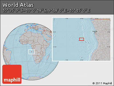 Gray Location Map of the Area around 10° 17' 43" S, 10° 16' 30" E, hill shading