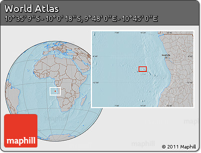 Gray Location Map of the Area around 10° 17' 43" S, 10° 16' 30" E, hill shading