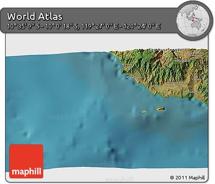 Satellite 3D Map of the Area around 10° 17' 43" S, 119° 55' 30" E