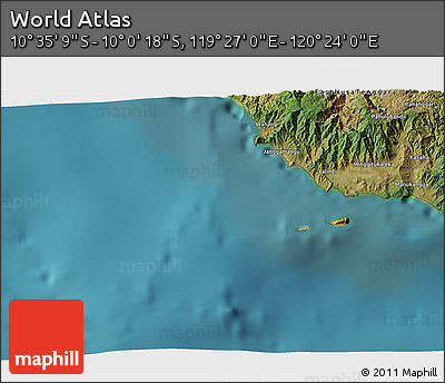 Satellite 3D Map of the Area around 10° 17' 43" S, 119° 55' 30" E