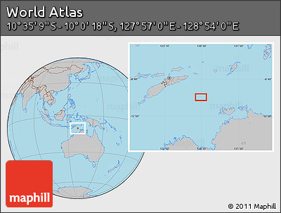 Gray Location Map of the Area around 10° 17' 43" S, 128° 25' 30" E