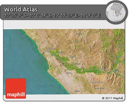 Satellite 3D Map of the Area around 10° 17' 43" S, 13° 40' 30" E