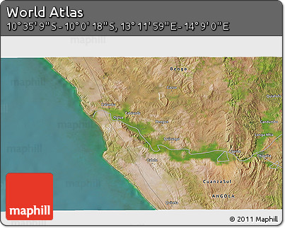 Satellite 3D Map of the Area around 10° 17' 43" S, 13° 40' 30" E
