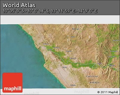 Satellite 3D Map of the Area around 10° 17' 43" S, 13° 40' 30" E