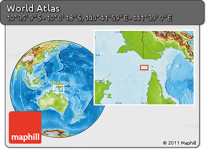Physical Location Map of the Area around 10° 17' 43" S, 141° 10' 30" E