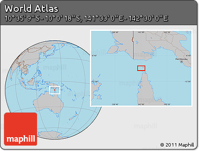 Gray Location Map of the Area around 10° 17' 43" S, 142° 1' 30" E