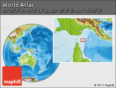 Physical Location Map of the Area around 10° 17' 43" S, 143° 43' 29" E