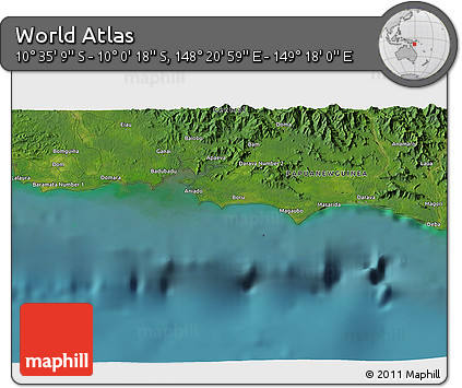 Satellite 3D Map of the Area around 10° 17' 43" S, 148° 49' 29" E