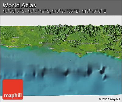 Satellite 3D Map of the Area around 10° 17' 43" S, 148° 49' 29" E