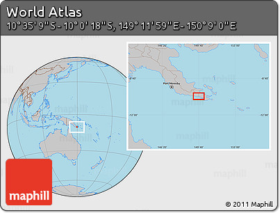 Gray Location Map of the Area around 10° 17' 43" S, 149° 40' 30" E