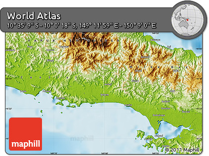 Physical Map of the Area around 10° 17' 43" S, 149° 40' 30" E
