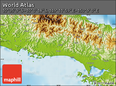Physical Map of the Area around 10° 17' 43" S, 149° 40' 30" E