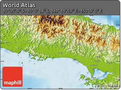Physical Map of the Area around 10° 17' 43" S, 149° 40' 30" E