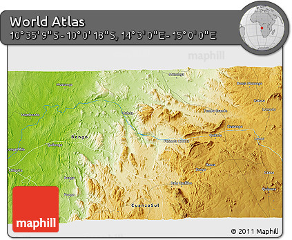 Physical 3D Map of the Area around 10° 17' 43" S, 14° 31' 30" E