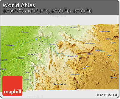 Physical 3D Map of the Area around 10° 17' 43" S, 14° 31' 30" E