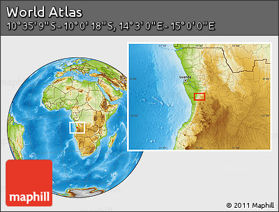 Physical Location Map of the Area around 10° 17' 43" S, 14° 31' 30" E