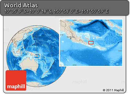 Shaded Relief Location Map of the Area around 10° 17' 43" S, 151° 22' 30" E