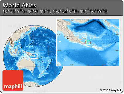 Shaded Relief Location Map of the Area around 10° 17' 43" S, 151° 22' 30" E