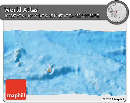 Shaded Relief 3D Map of the Area around 10° 17' 43" S, 152° 13' 29" E