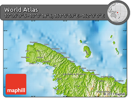 Physical Map of the Area around 10° 17' 43" S, 161° 34' 29" E