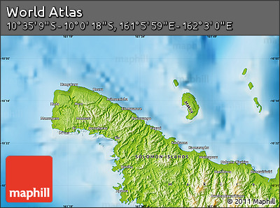 Physical Map of the Area around 10° 17' 43" S, 161° 34' 29" E