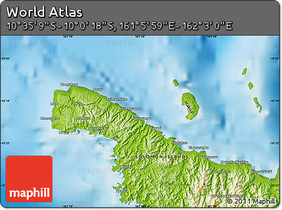 Physical Map of the Area around 10° 17' 43" S, 161° 34' 29" E