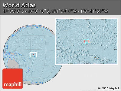 Gray Location Map of the Area around 10° 17' 43" S, 174° 10' 30" W, hill shading