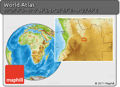 Physical Location Map of the Area around 10° 17' 43" S, 17° 55' 29" E