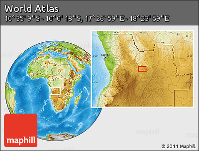 Physical Location Map of the Area around 10° 17' 43" S, 17° 55' 29" E