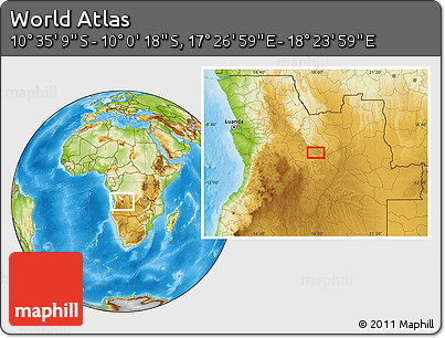 Physical Location Map of the Area around 10° 17' 43" S, 17° 55' 29" E