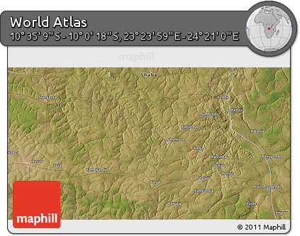 Satellite 3D Map of the Area around 10° 17' 43" S, 23° 52' 30" E