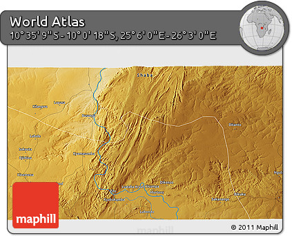 Physical 3D Map of the Area around 10° 17' 43" S, 25° 34' 30" E