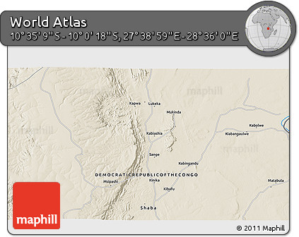 Shaded Relief 3D Map of the Area around 10° 17' 43" S, 28° 7' 30" E
