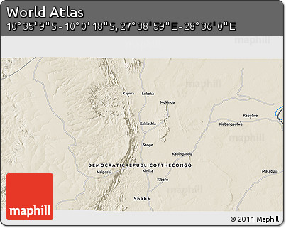 Shaded Relief 3D Map of the Area around 10° 17' 43" S, 28° 7' 30" E