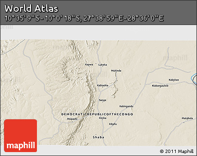Shaded Relief 3D Map of the Area around 10° 17' 43" S, 28° 7' 30" E
