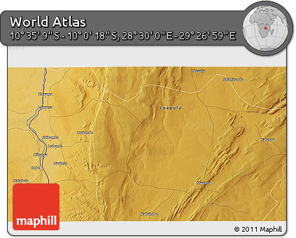 Physical 3D Map of the Area around 10° 17' 43" S, 28° 58' 30" E
