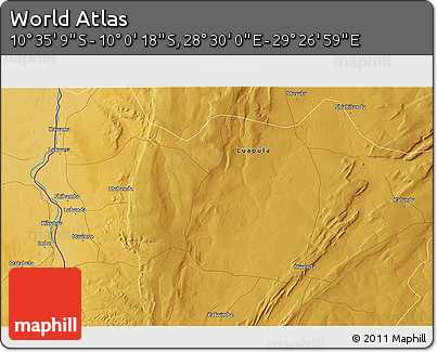 Physical 3D Map of the Area around 10° 17' 43" S, 28° 58' 30" E