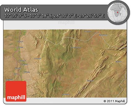 Satellite 3D Map of the Area around 10° 17' 43" S, 28° 58' 30" E
