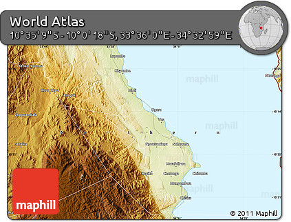 Physical Map of the Area around 10° 17' 43" S, 34° 4' 30" E
