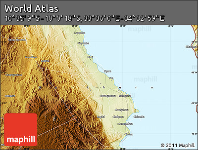 Physical Map of the Area around 10° 17' 43" S, 34° 4' 30" E